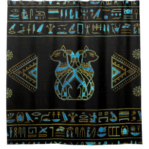Ägyptische Katzen-Gold und blaues Buntglas Duschvorhang