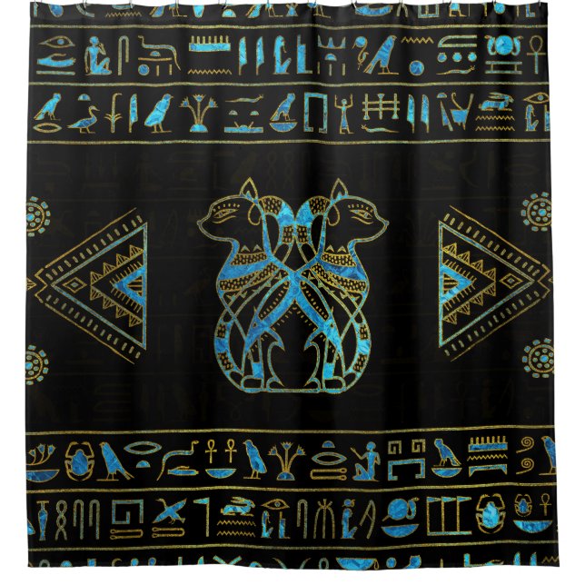 Ägyptische Katzen-Gold und blaues Buntglas Duschvorhang (Vorderseite)