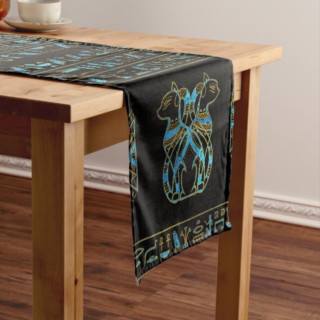 Ägyptische Katzen-Gold und blaues Buntglas Kurzer Tischläufer (Beispiel)