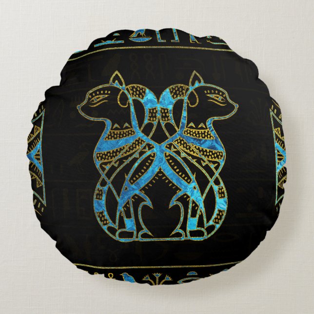 Ägyptische Katzen-Gold und blaues Buntglas Rundes Kissen (Vorderseite)