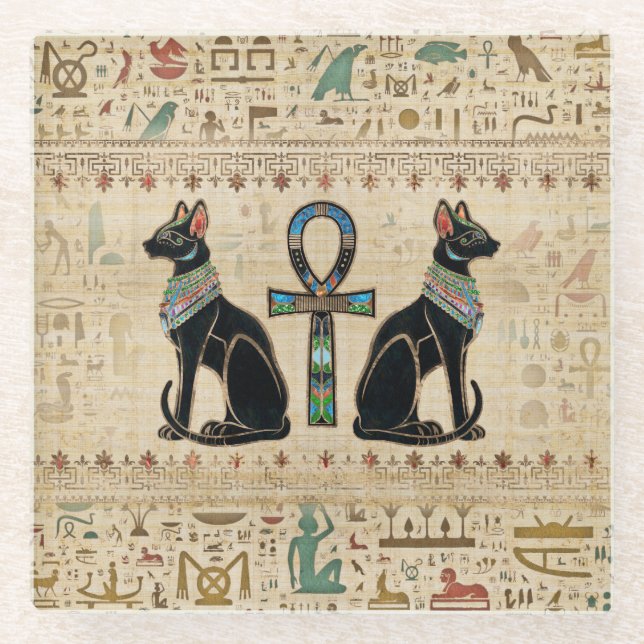 Ägyptische Katzen und Knöchelkreuz Glasuntersetzer (Vorderseite)