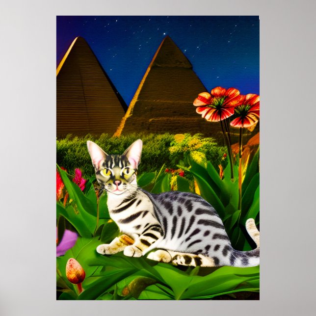Ägyptische Mau-Katze in einem Mitternachtgarten Poster (Vorne)