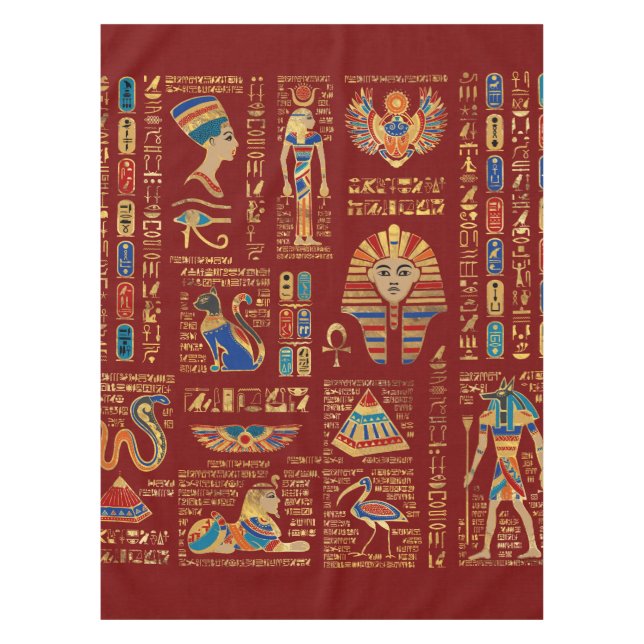 Ägyptische Schriftzeichen und Gottheiten auf rot Tischdecke (Vorderseite)