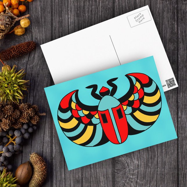 Ägyptischer farbiger, feiner, lebendiger Scarab-Kä Postkarte (Brightly coloured Egyptian scarab beetle on aqua blue postcard.)