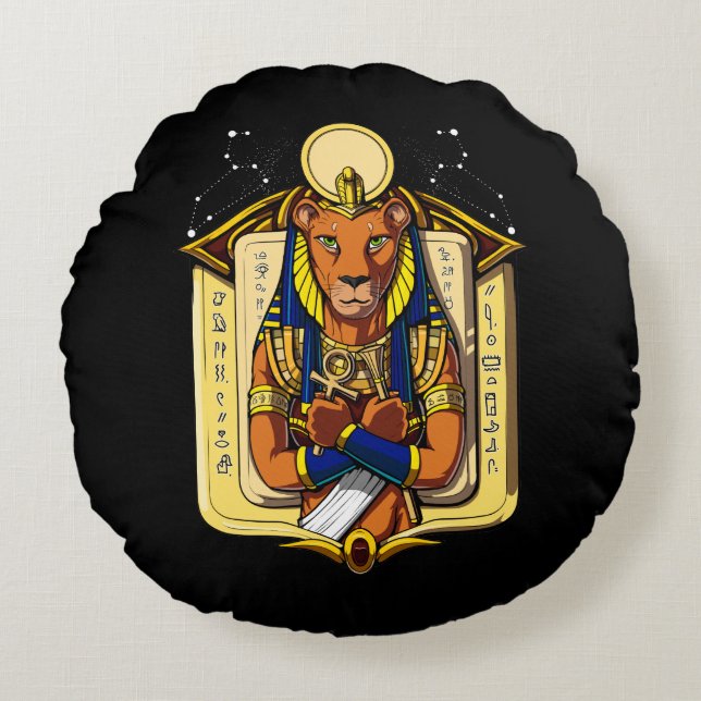 Ägyptischer Göttin-Löwin Sekhmet Gott Bastet Rundes Kissen (Vorderseite)