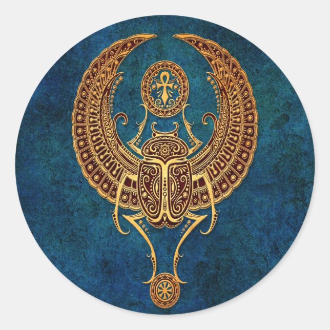 Ägyptischer Scarab-Käfer mit Ankh - blau Runder Aufkleber (Vorderseite)