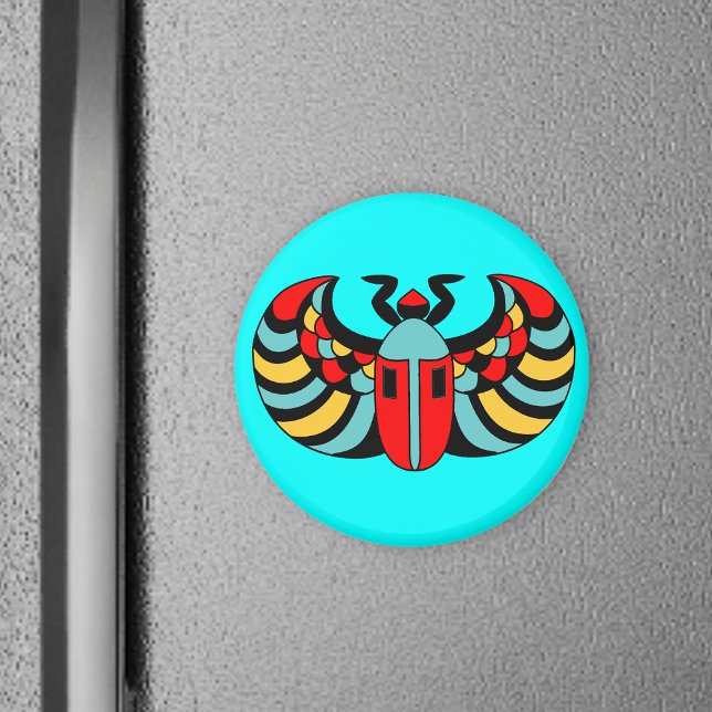 Ägyptischer Scarab Magnet (Abstract Scarab beetle with colourful markings on aqua blue round magnet.)