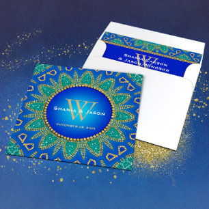 Ägyptischer Sonnen-Sparkel-Teal-Gold-Monogramm Einladung