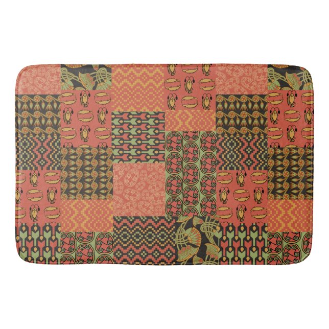 Ägyptischer Stammes-Faux-Patchwork Rot Grün Schwar Badematte (Vorderseite)