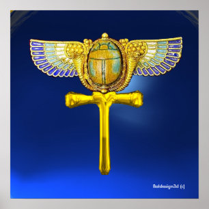 ÄGYPTISCHER WINGED SCARAB ANKH UND CORNUCOPIA Blue Poster