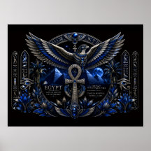 Ägyptisches Erbe Blau Silber Ankh Flügel Wandkunst