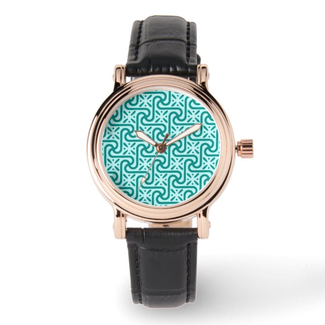 Ägyptisches Fliesenmuster, Türkis und Aqua Armbanduhr (Vorderseite)