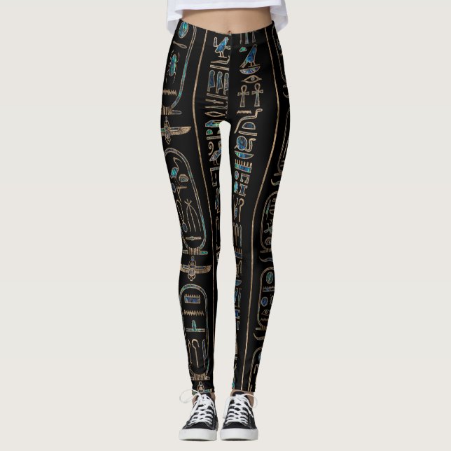 Ägyptisches Hieroglyphen-Muster Gold Abalone Leggings (Vorderseite)