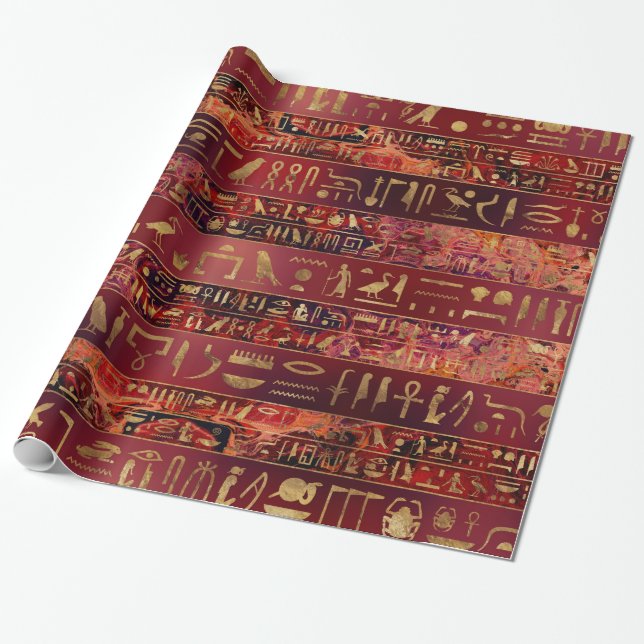 Ägyptisches Hieroglyphengold auf Rot gemalter Geschenkpapier (Ungerollt)
