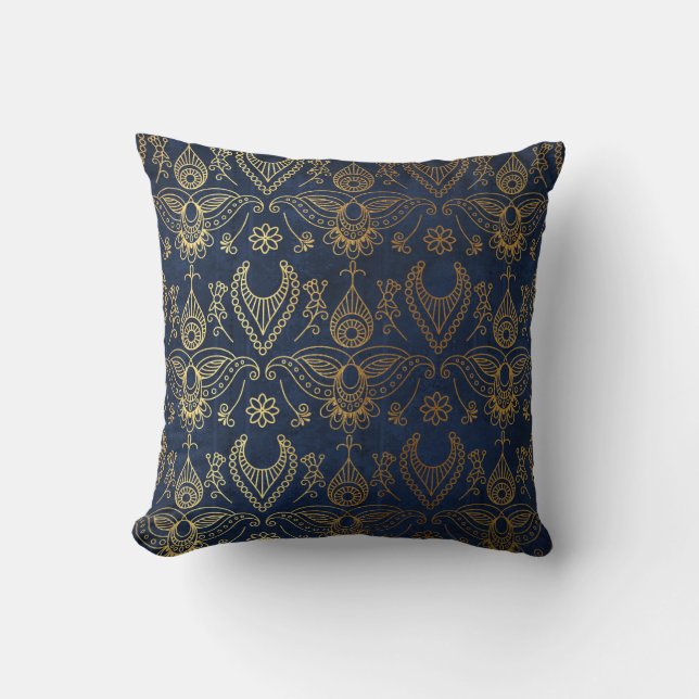 Ägyptisches Pfau-Gold u. Mitternachtsblau Kissen (Vorderseite)