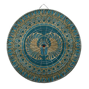 Ägyptisches Scarabäus-Käfer-Gold auf aquamarine Dartscheibe