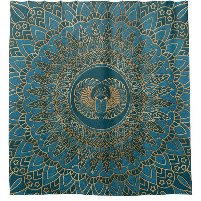 Ägyptisches Scarabäus-Käfer-Gold auf aquamarinem Duschvorhang (Vorderseite)