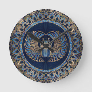 Ägyptisches Scarabäus-Käfer-Gold und blauer Mar Runde Wanduhr