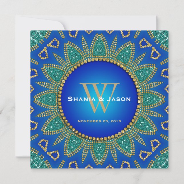 Ägyptisches Sonnensparkle-Aquamarines Goldmonogram Einladung (Vorderseite)