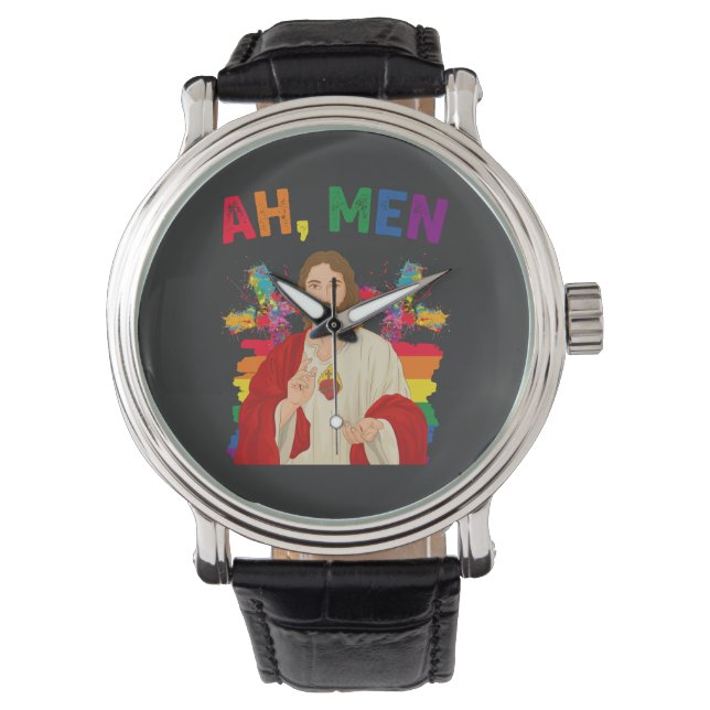 Ah Männer Funny LGBT Gay Pride Jesus Christlich Armbanduhr (Vorderseite)