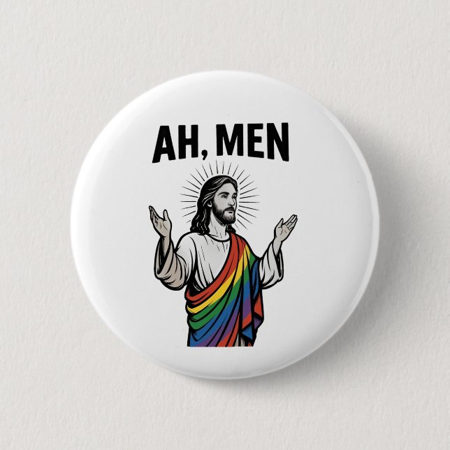 Ah Männer Funny LGBT Gay Pride Jesus Rainbow Button (Vorderseite)
