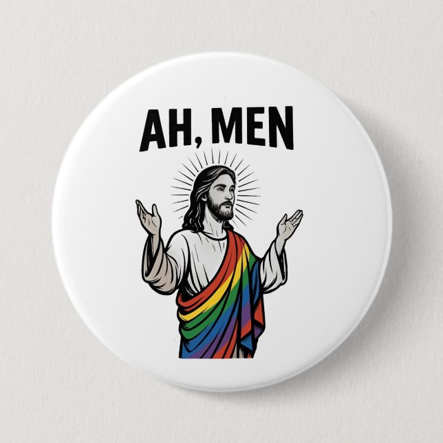 Ah Männer Funny LGBT Gay Pride Jesus Rainbow Button (Vorderseite)