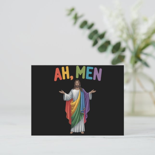 Ah Männer Funny LGBT Gay Pride Jesus Rainbow Flag Postkarte (Stehend Vorderseite)