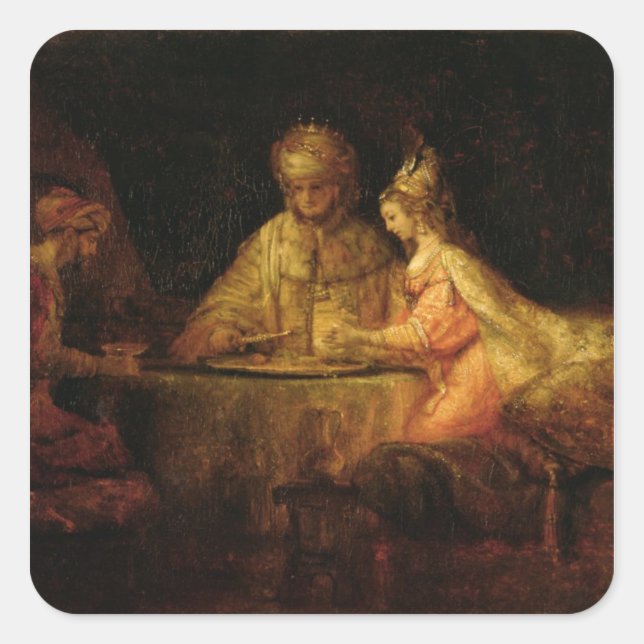 Ahasuerus, Haman und Esther, c.1660 Quadratischer Aufkleber (Vorderseite)