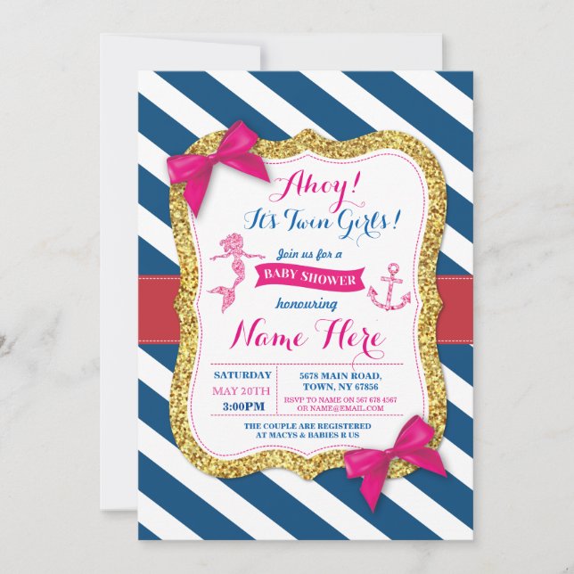 Ahoi laden Meerjungfrau-Babyparty-Rosa-Marine ein Einladung (Vorderseite)