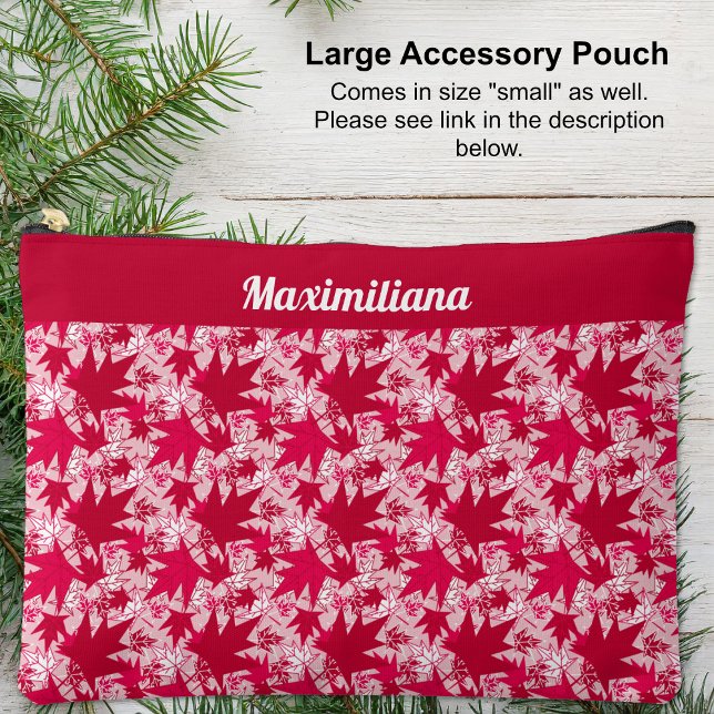Ahorn-Blätter auf Rosa - Großer Zubehörbeutel Zubehörtasche (Red and White Maple Leaves on Pink - LARGE Accessory Pouch by The Canadian Outpost shop)