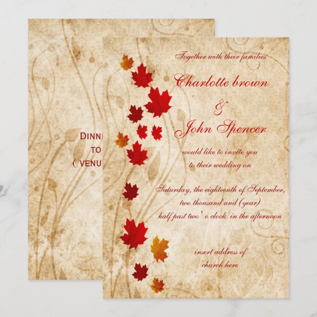 Ahorn-Blätter Rustikale Hochzeit im Herbst Einladung (Vorne/Hinten)