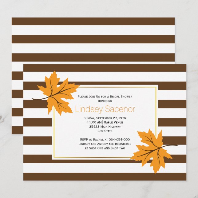 Ahorn-Blätter und Streifen Hochzeit im Herbst Brau Einladung (Vorne/Hinten)