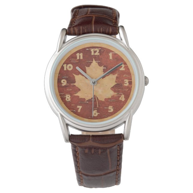 Ahornleaf auf der Birkenrinde Armbanduhr (Vorderseite)