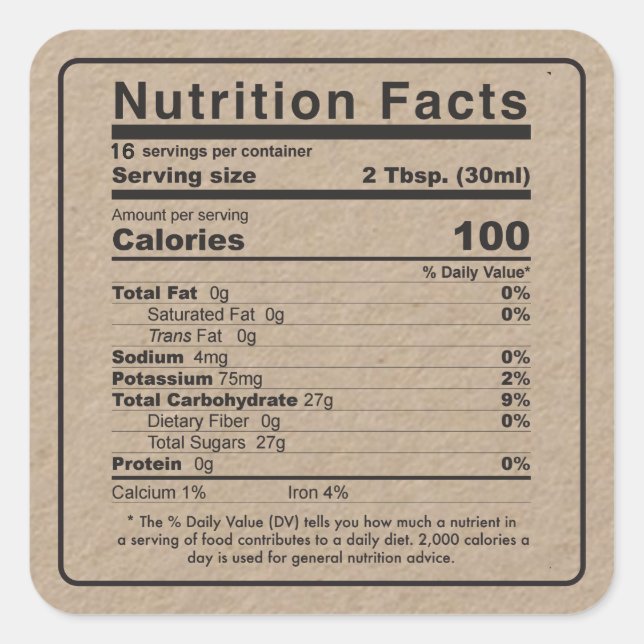 Ahornsirup 2020 Nutrition Facts Label (Kraft) Quadratischer Aufkleber (Vorderseite)