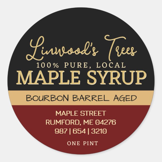 Ahornsirup-Etikett mit Tropfen in Schwarz und Rot Runder Aufkleber (Vorderseite)