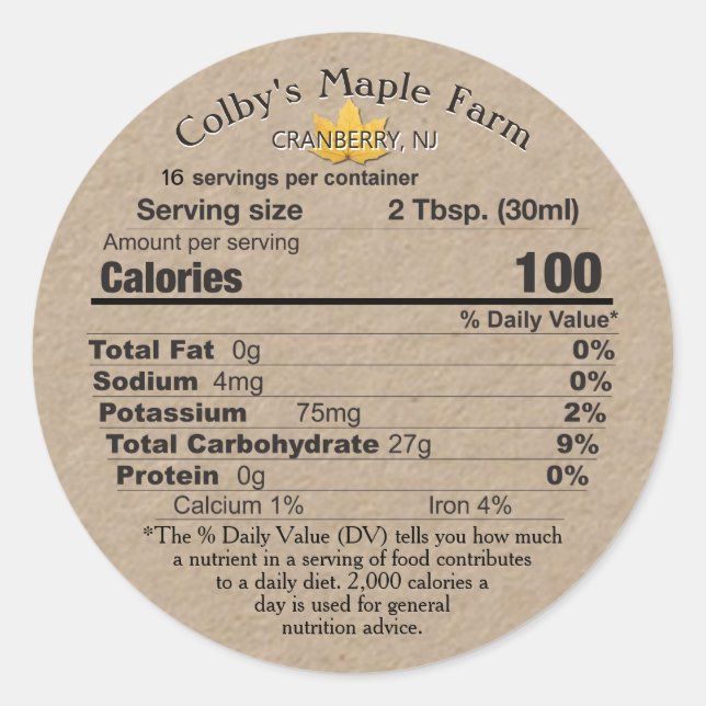 Ahornsirup Kraft Nutrition Fakten Label Leaf Runder Aufkleber (Vorderseite)