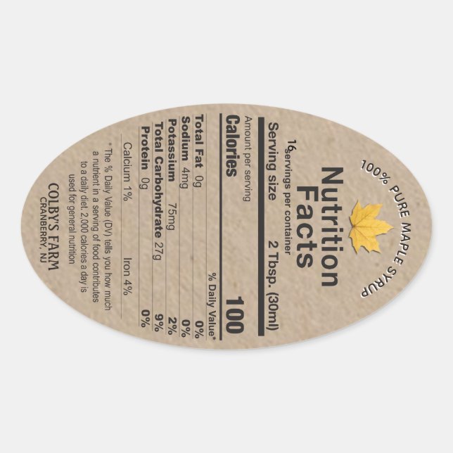 Ahornsirup Kraft Nutrition Fakten Oval Leaf Label Ovaler Aufkleber (Vorderseite)