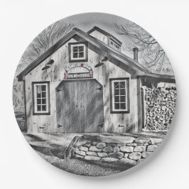 Ahornzuckerhütte auf dem Parmelee-Bauernhof Pappteller