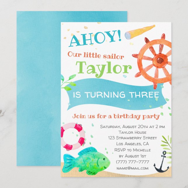 Ahoy ! Aquarelle Nautique Invitation d'anniversair (Devant / Derrière)