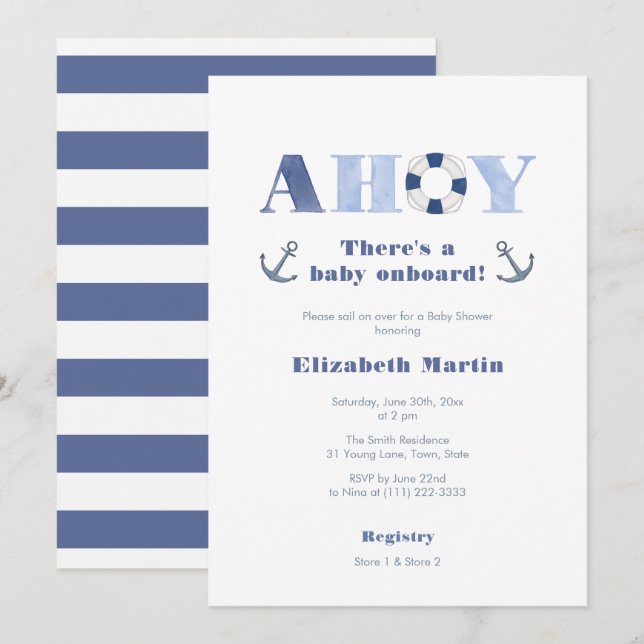 Ahoy Baby an Bord Nautical Boy Baby Dusche Einladung (Vorne/Hinten)