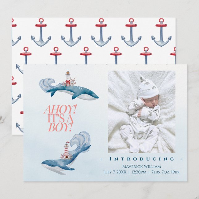 Ahoy Baby Boy Birth Ankündigung (Vorne/Hinten)