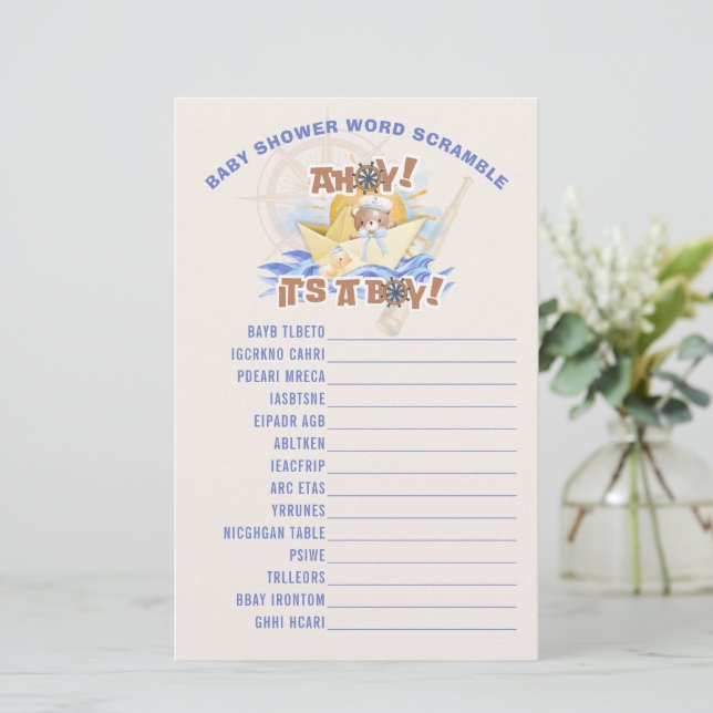 Ahoy! Baby Boy Dusche Word Scramble Game Card Briefpapier (Stehend Vorderseite)