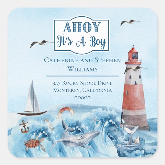 Ahoy Boy Lighthouse Kinderdusche Rücksendeadresse Quadratischer Aufkleber (Vorderseite)