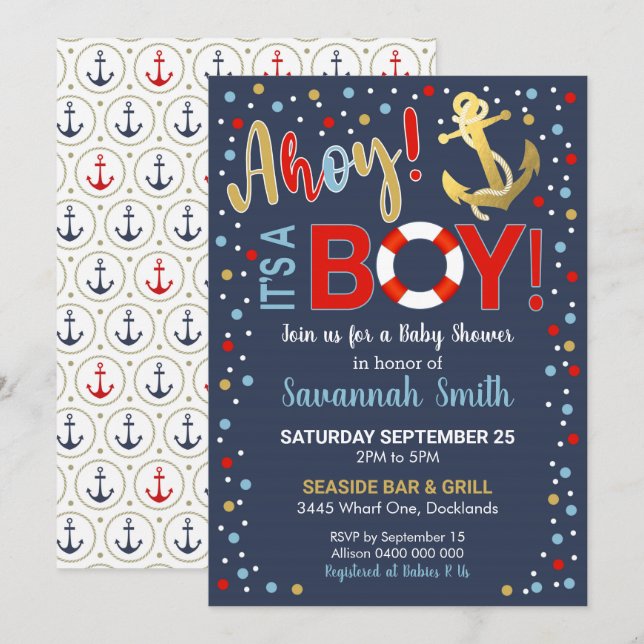 Ahoy c'est un Baby shower garçon Invitation (Devant / Derrière)