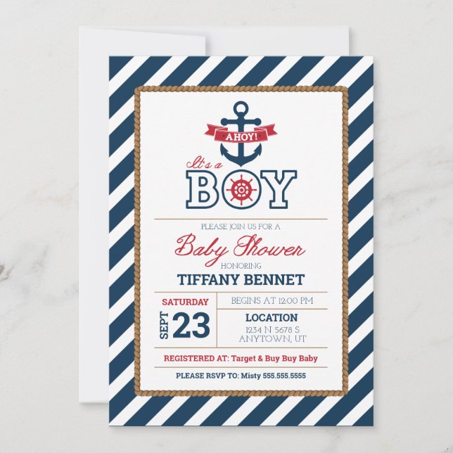 Ahoy C'est UN GARÇON ! Invitation baby shower (Devant)