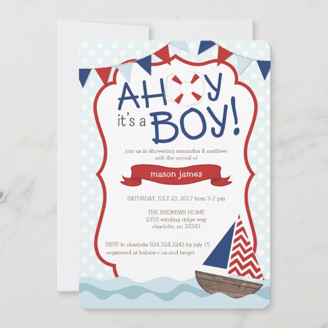 Ahoy c'est un GARÇON ! Invitation baby shower (Devant)