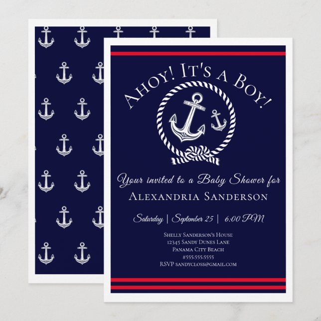 Ahoy c'est un garçon ! Invitation Baby shower naut (Devant / Derrière)