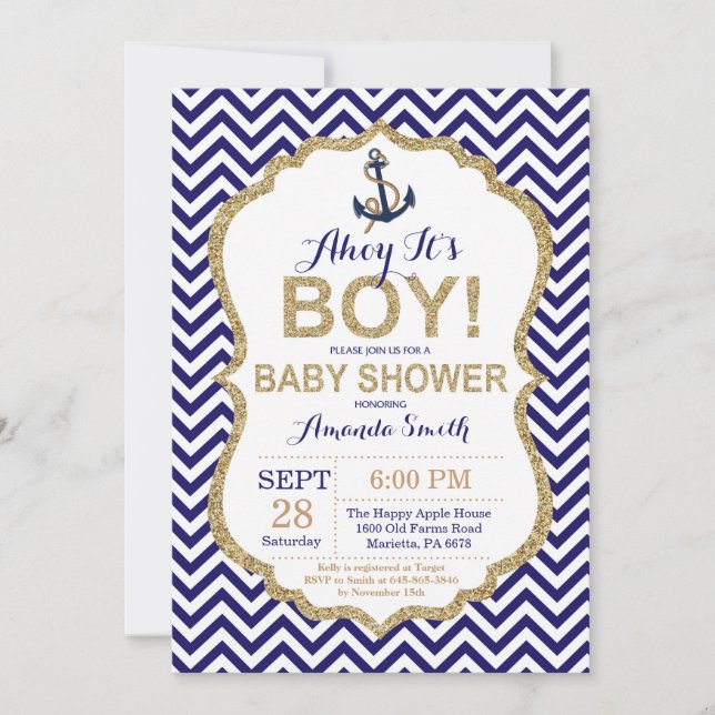 Ahoy c'est un garçon ! Invitation Baby shower naut (Devant)