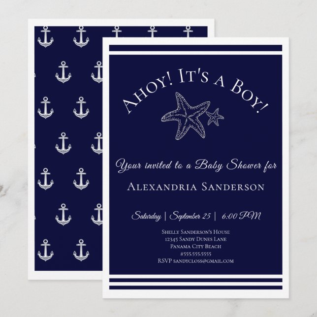 Ahoy c'est un garçon ! Invitation Baby shower naut (Devant / Derrière)