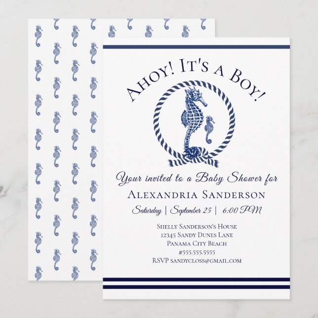 Ahoy c'est un garçon ! Invitation Baby shower naut (Devant / Derrière)